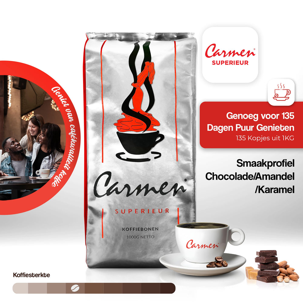 Carmen Superieur koffie van GerritsKoffie – 100% Arabica, smaak van chocolade, amandel en karamel, perfect voor espresso thuis.