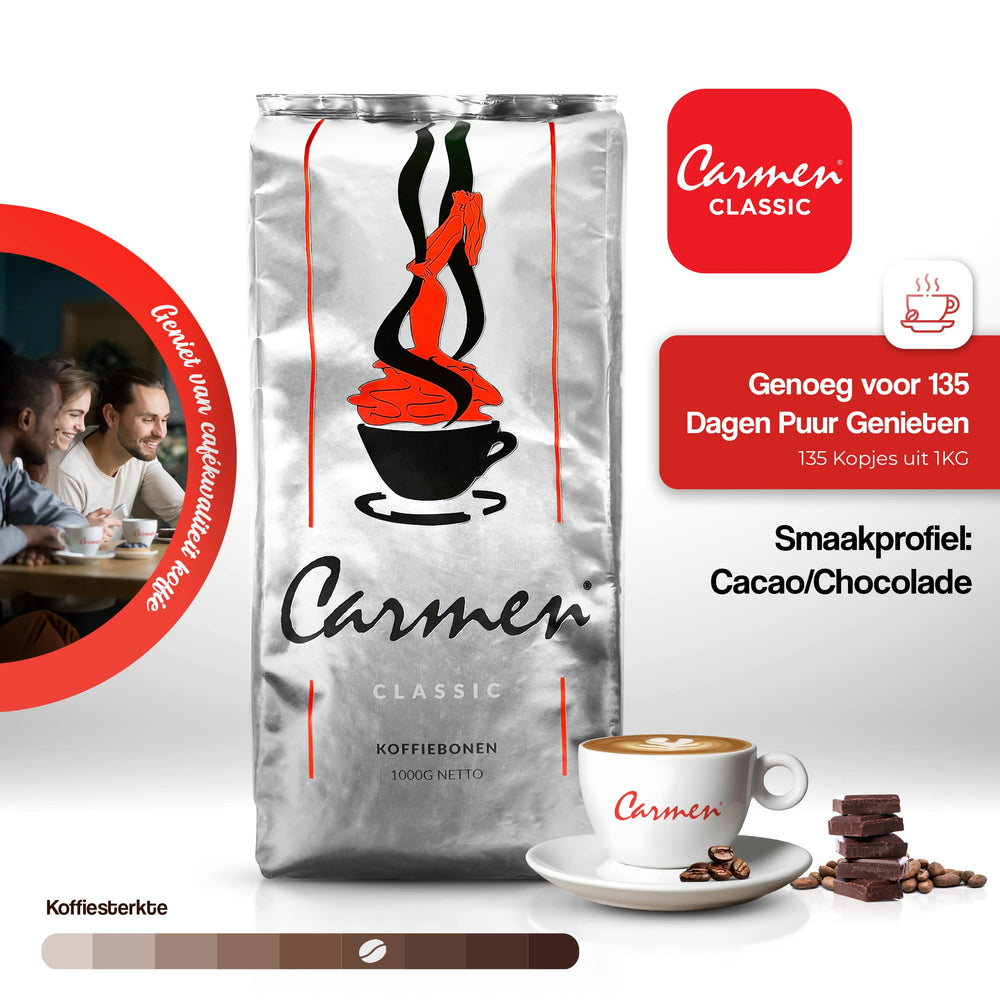 Carmen Classic koffie van GerritsKoffie – 100% Arabica met cacao en chocolade. Donkere koffiebonen voor espresso en luxe cafékwaliteit thuis.