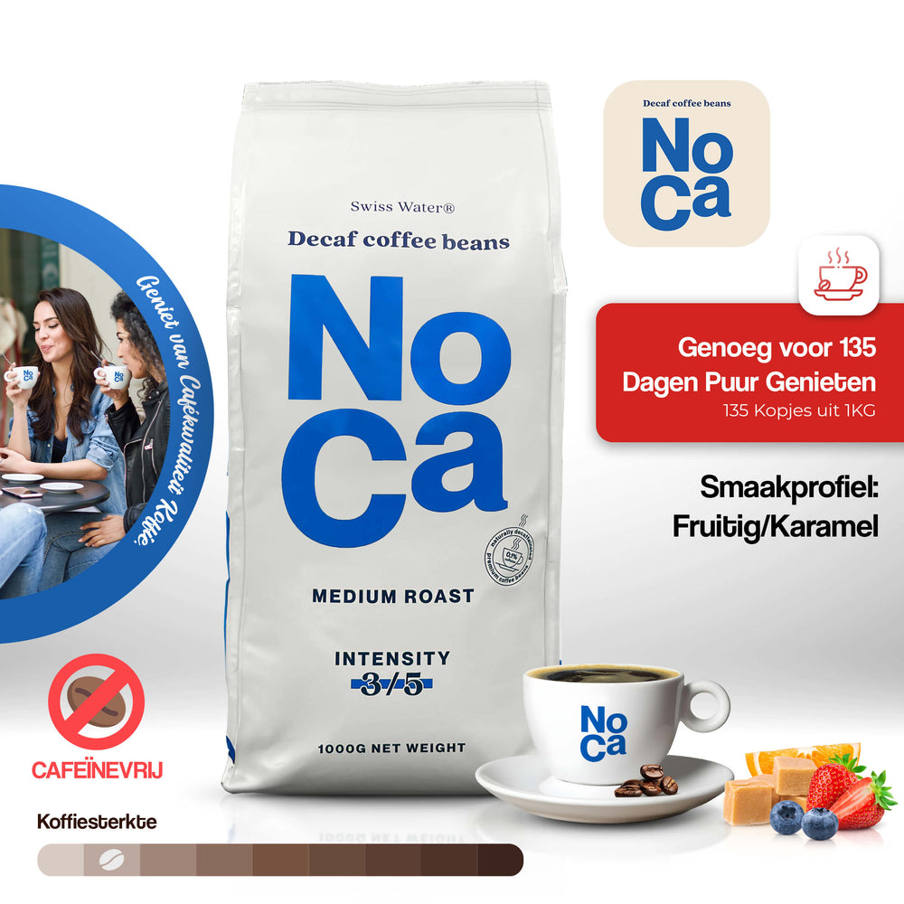NoCa decaf koffiebonen van CaféHuis – 100% natuurlijk en cafeïnevrij, verwerkt met Swiss Water Process. Medium roast met fris en fruitig smaakprofiel van karamel en bessen. Goed voor 135 kopjes uit 1 kg, perfect voor filterkoffie en lichte espresso. Geniet van pure, cafeïnevrije cafékwaliteit thuis