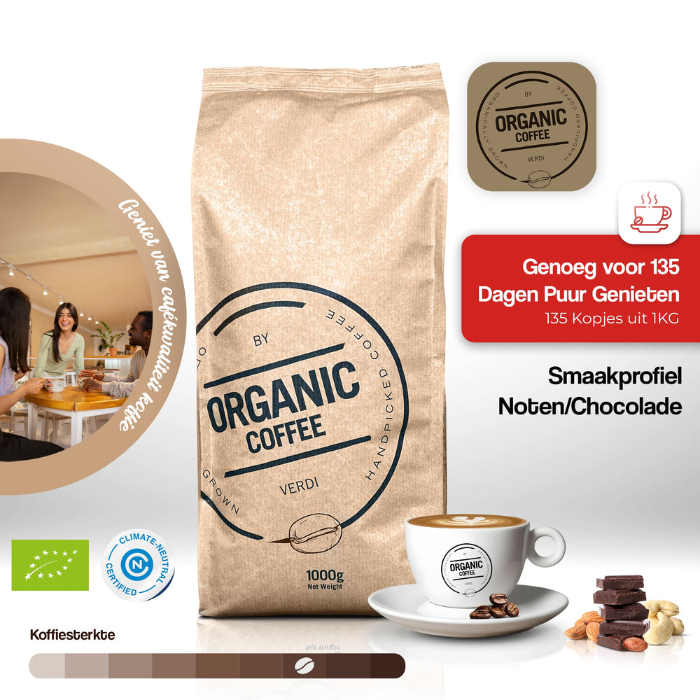 Organic Coffee van GerritsKoffie – biologische koffie met noten en pure chocolade. Climate Neutral, slow roast, perfect voor espresso thuis.