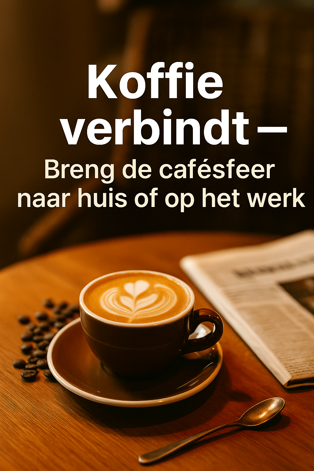 Cappuccino met latte art op houten tafel met krant en koffiebonen