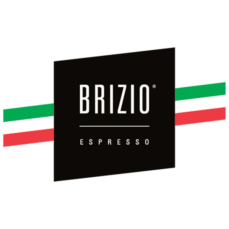 Brizio Koffie logo with Italian flag colors: green, white, and red stripes on a black background.