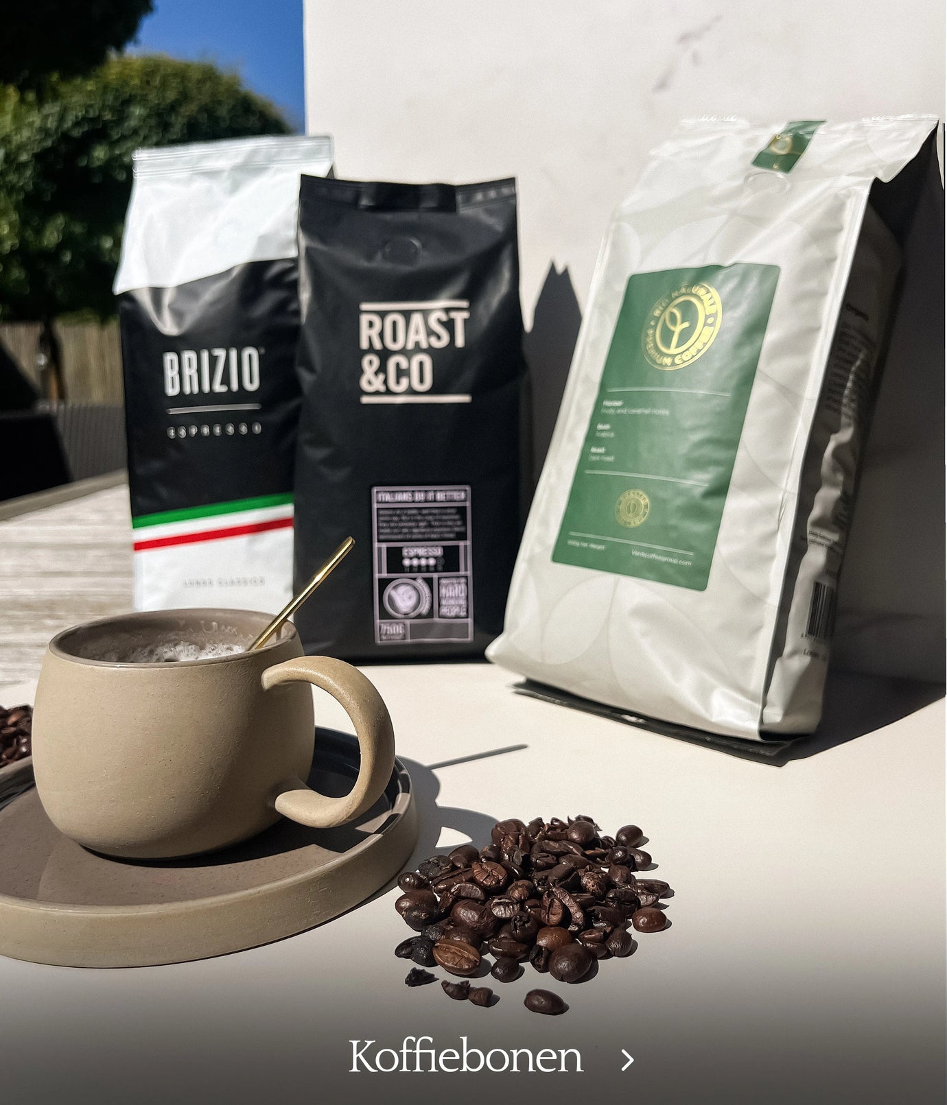 Three coffee bean bags from Brizio, Roast & Co, and an eco-friendly brand with a beige ceramic cup and coffee beans.