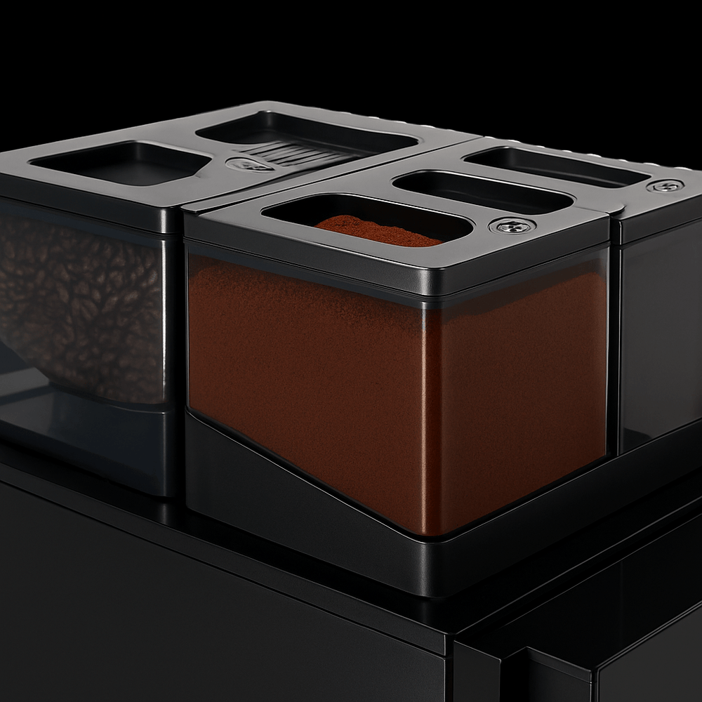 Mr. Choc Chocopoeder for Horeca, creamy chocolate milk powder in a black storage container, perfect for beverage machines.