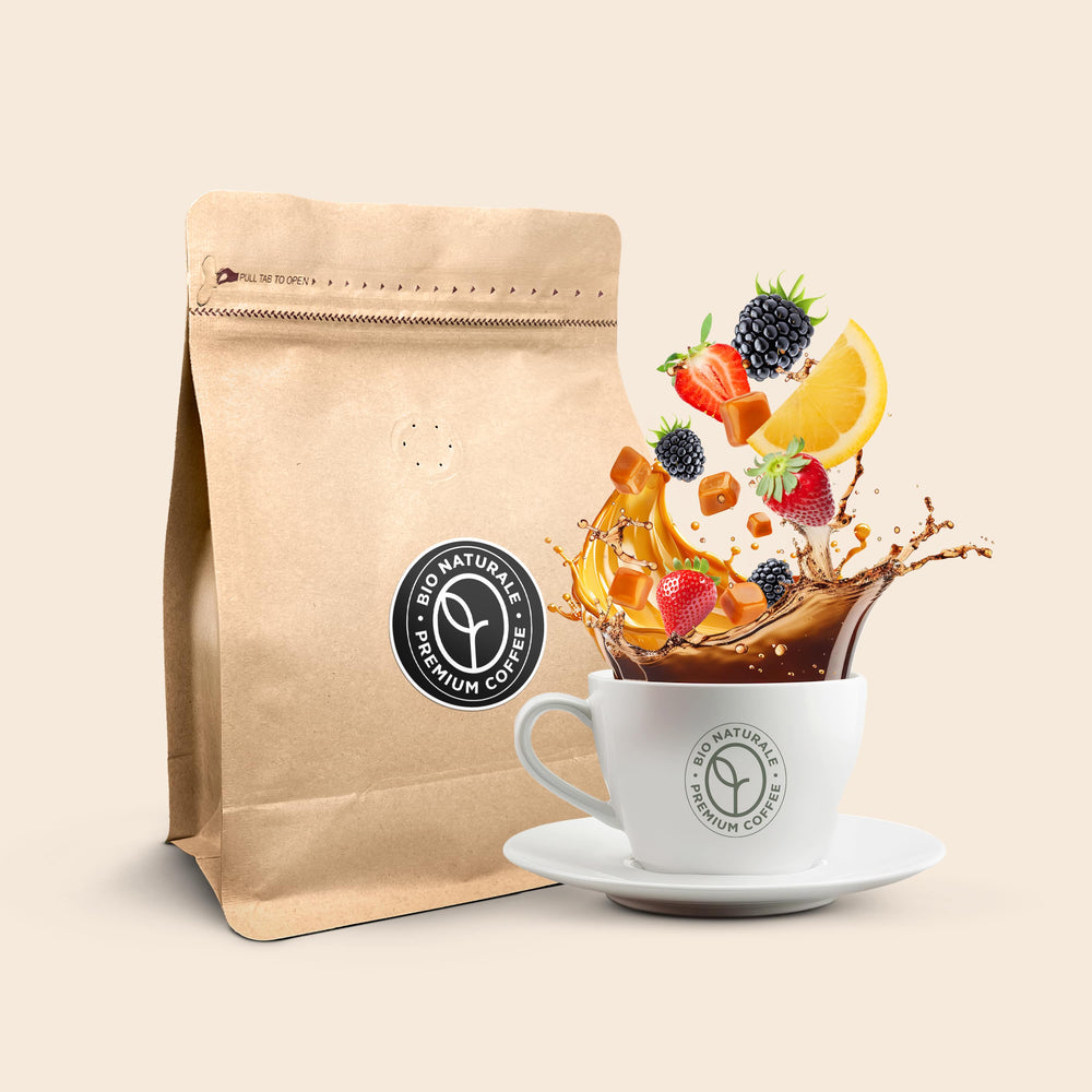 Bio Naturale coffee bag by Gerrits Koffie, featuring a cup with a splash of mixed fruits and coffee.