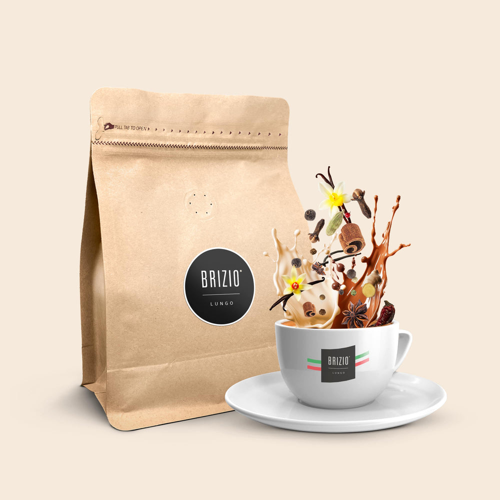 Brizio Lungo coffee bag with a white cup, featuring creamy coffee and aromatic spices splashing into the cup