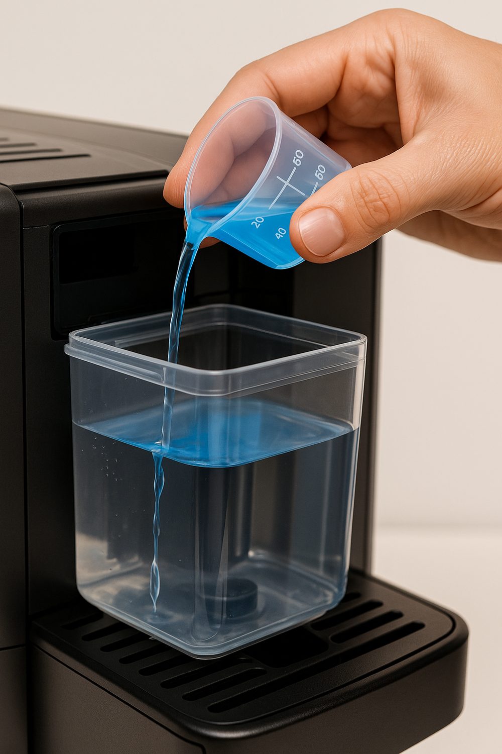 PowerClean Melksysteemreiniger pour being added to clear container for automatic coffee machine maintenance by Gerrits Koffi