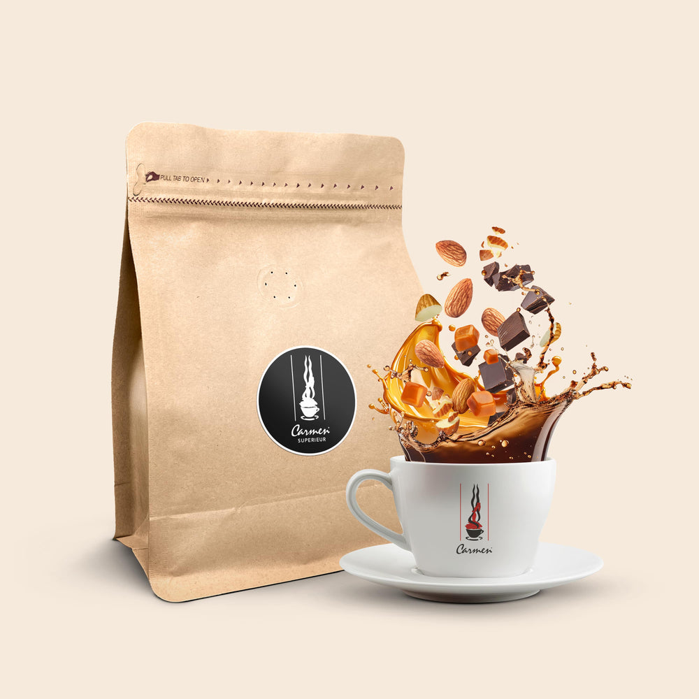 Carmen Superieur coffee bag by Gerrits Koffie with a splash of coffee and assorted toppings in a white cup.
