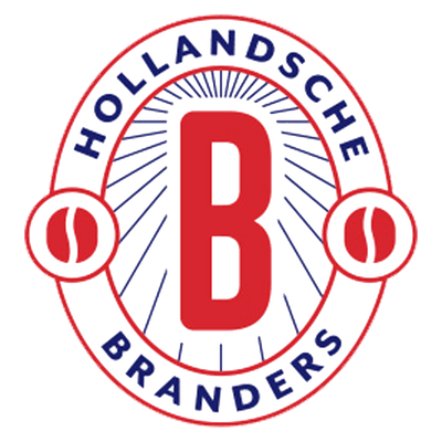 Logo van Hollandsche Branders met rode B en blauwe cirkel met koffiebonen