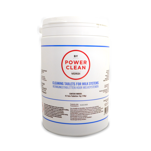 Power Clean cleaning tablets for milk systems by Gerrits Koffie, 45 tablets in a white container.