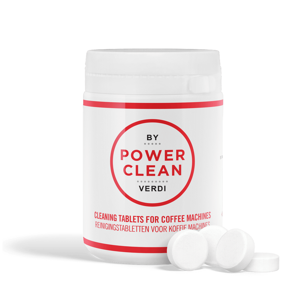Power Clean cleaning tablets for coffee machines by Gerrits Koffie, with a white container and three visible tablets.